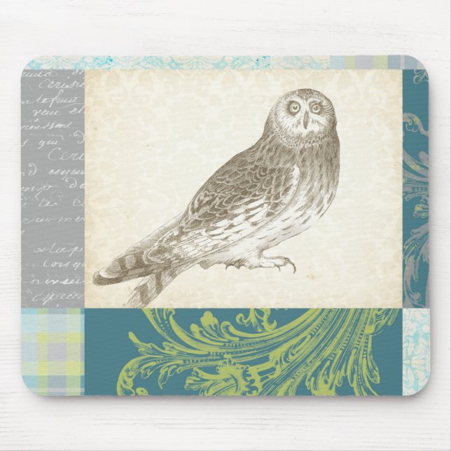 Grey Owl on Pattern Background Mouse Mat (Front)