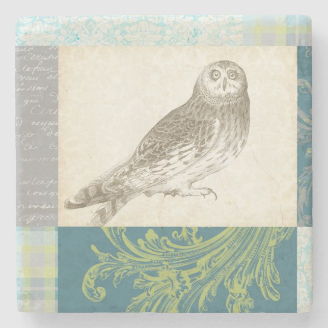 Grey Owl on Pattern Background Stone Coaster (Front)