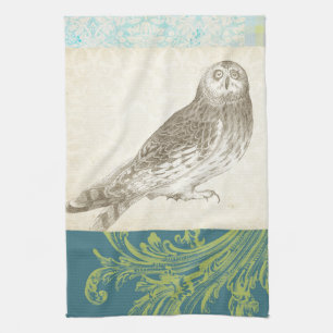 Grey Owl on Pattern Background Tea Towel