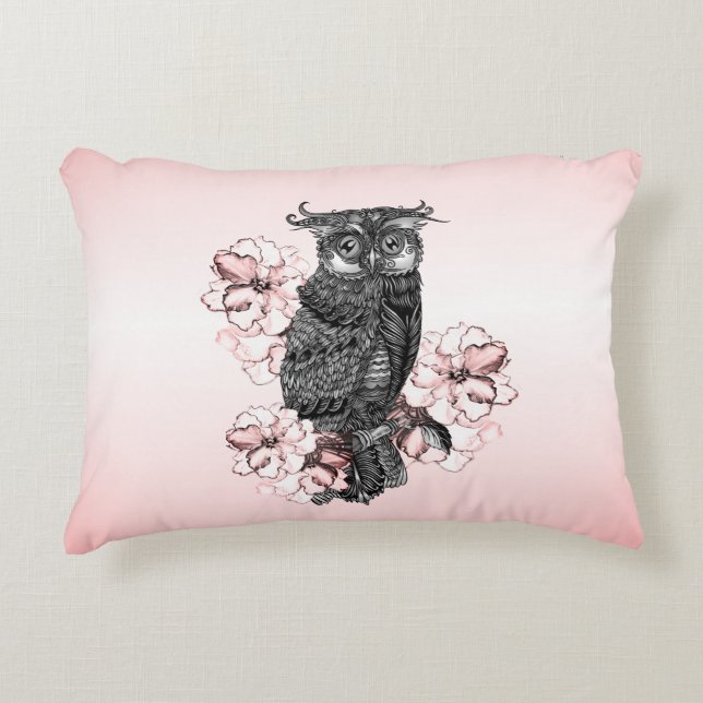 Grey Owl Pink Orchids Decorative Cushion (Front)