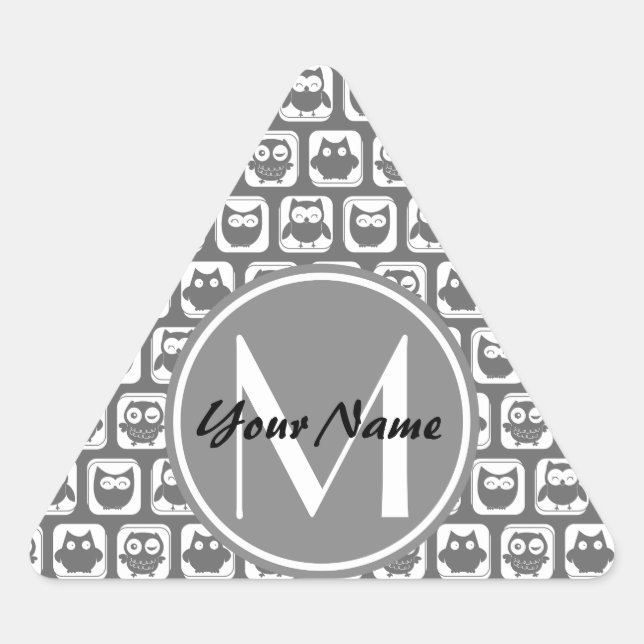 Grey Owls Pattern Custom Monogram, Personalised Triangle Sticker (Front)
