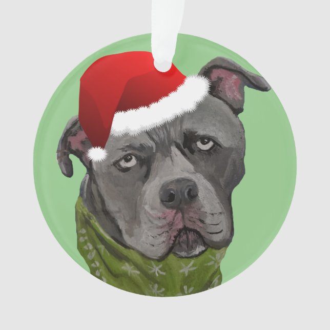 Grey Paint Pit Bull Santa Hat Ornament (Front)