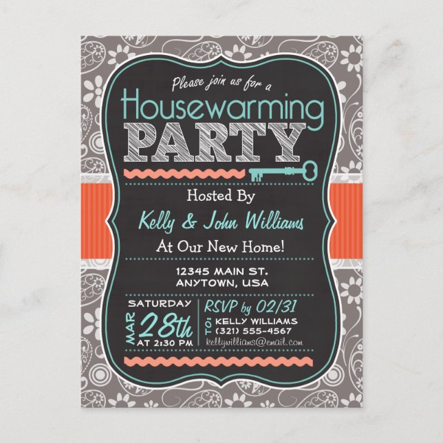 Grey Paisley; Chalkboard Housewarming Party Invitation Postcard (Front)