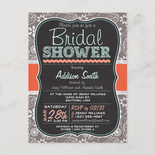 Grey Paisley Chalkboard look Bridal Shower Invitation Postcard (Front)