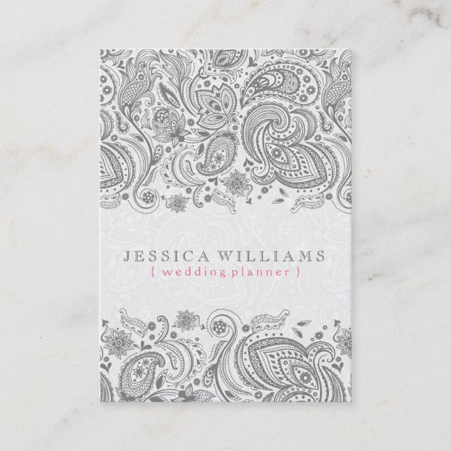 Grey Paisley Lace Over White Background Business Card (Front)