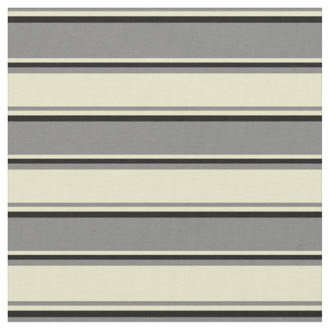 Grey, Pale Goldenrod & Black Stripes Fabric (Close Up)