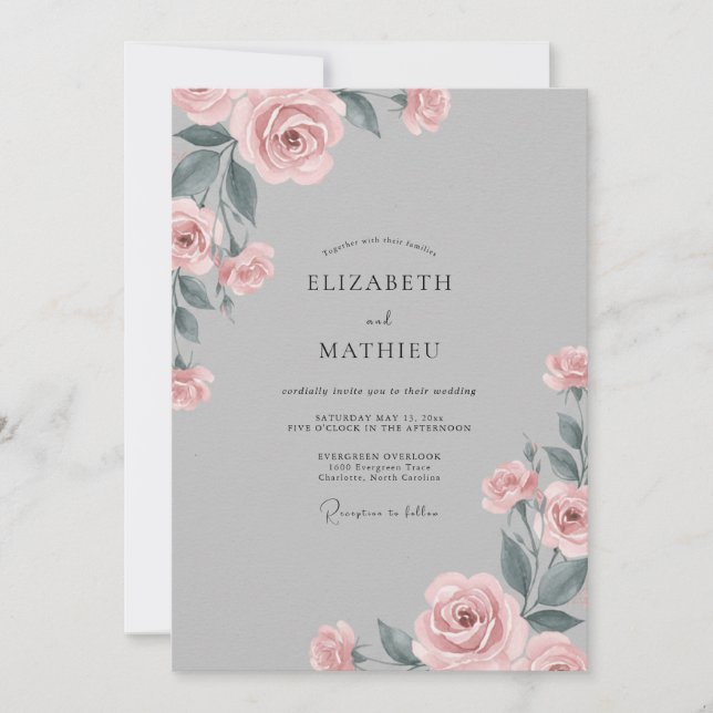 Grey Pale Pink Petal Wedding Invitation (Front)