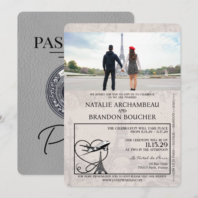 Grey Paris Passport Wedding Invitation (Front/Back)