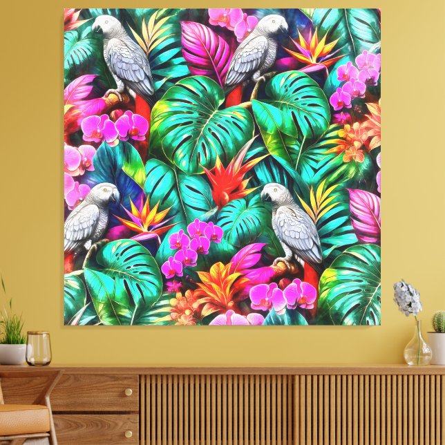 Grey Parrot Jungle Dreams Seamless Surface Pattern Canvas Print (Insitu(LivingRoom))