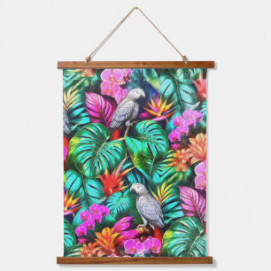 Grey Parrot Jungle Dreams Seamless Surface Pattern Hanging Tapestry