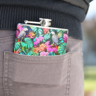Grey Parrot Jungle Dreams Seamless Surface Pattern Hip Flask