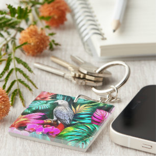 Grey Parrot Jungle Dreams Seamless Surface Pattern Key Ring