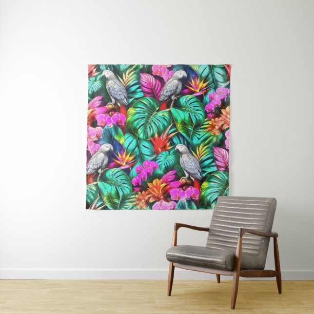 Grey Parrot Jungle Dreams Seamless Surface Pattern Tapestry (In Situ)