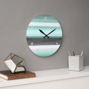 Grey Pastel Mint Green Watercolor Stripes Pattern Large Clock