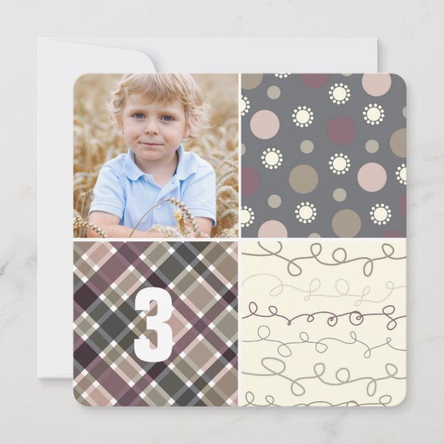 Grey Patchwork Pattern Squares Boy Photo Birthday Invitation (Front)