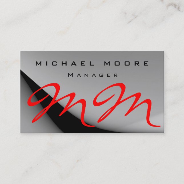 Grey Pattern Red Monogram Business Card (Front)