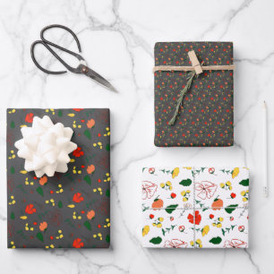 Grey pattern  red wildflowers wrapping paper