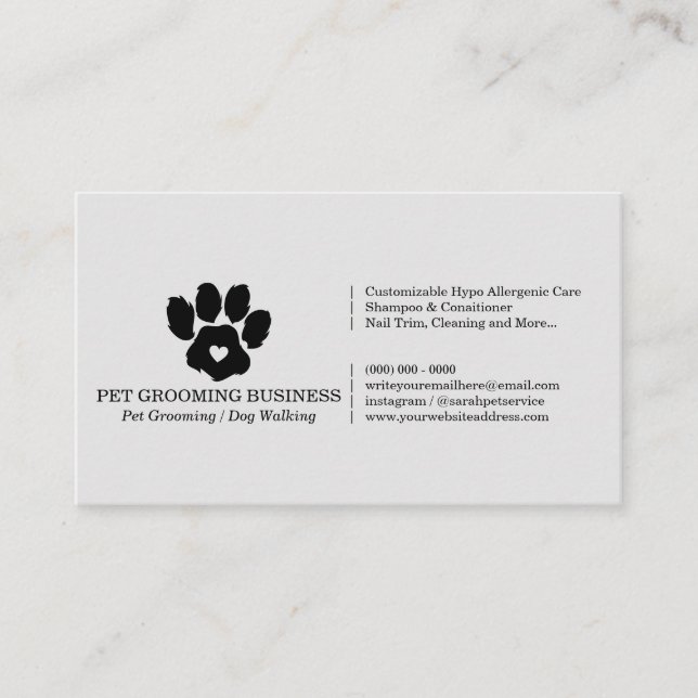 Grey Paw Minimalist Pet Branding Mobile Groomer Business Card (Front)