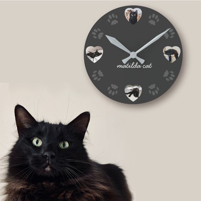Grey Paw Print Black Cat Photo Heart Wall Clock (Creator Uploaded)