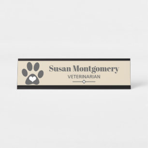 Grey Paw Print & Heart Desk Name Plate