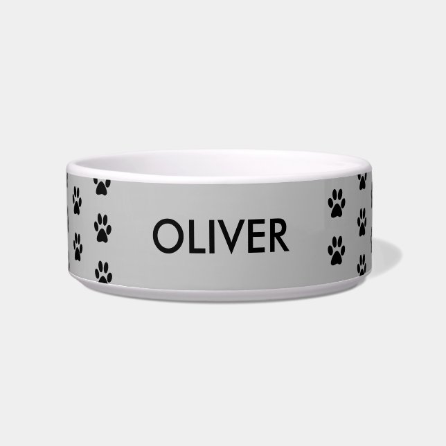 Grey Paw Print Pattern Personalised Name Pet Bowl (Front)