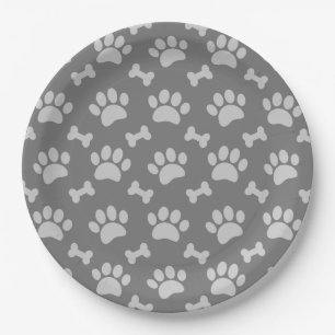 Grey Paws And Bones Pattern Paper Plate
