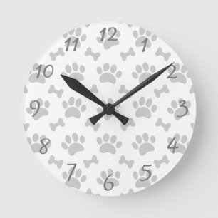 Grey Paws And Bones Pattern Round Clock
