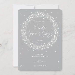 Grey Peace Love+Joy Sparkling Lights Christmas Holiday Card