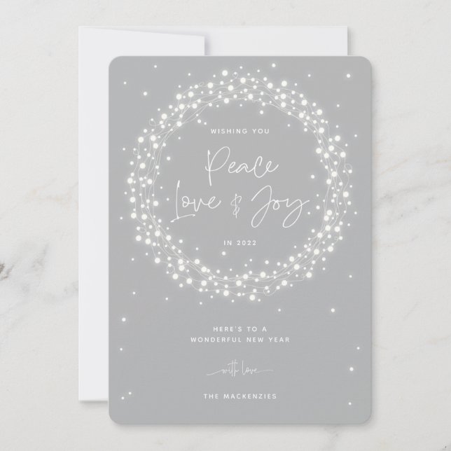Grey Peace Love+Joy Sparkling Lights Christmas Holiday Card (Front)