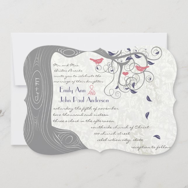 Grey Peach and Navy Love Bird Wedding Invitations (Front)