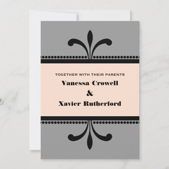 Grey/Peach Fancy Art Deco Wedding Invite (Front)