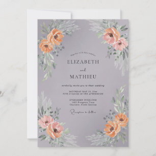 Grey Peach Floral Wreath Wedding Invitation