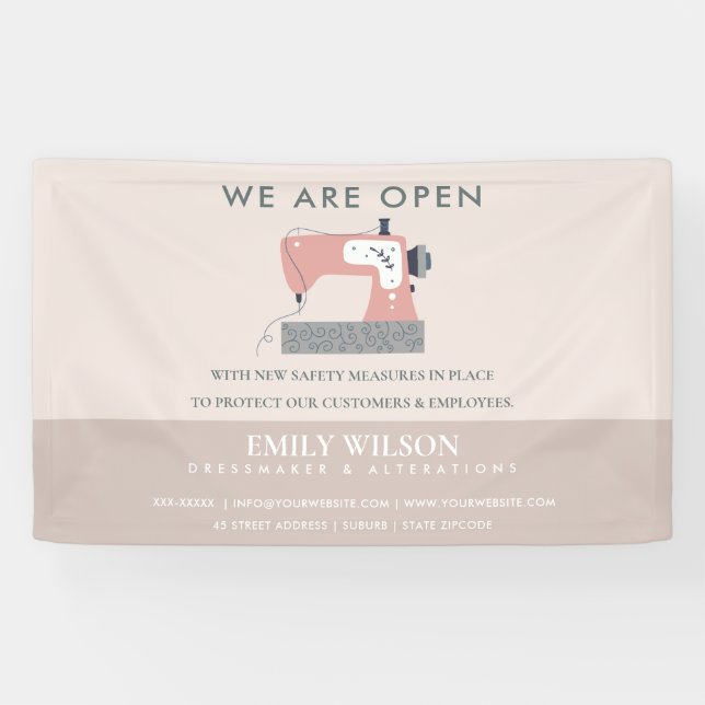 GREY PEACH PINK SEWING MACHINE TAILOR RE OPENING BANNER (Horizontal)