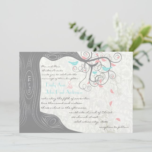 Grey Peachy Pink Minty Aqua Love Bird Wedding Invitation (Standing Front)