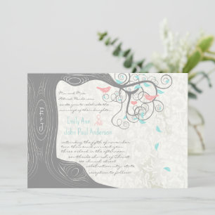 Grey Peachy Pink Minty Aqua Love Bird Wedding Invitation