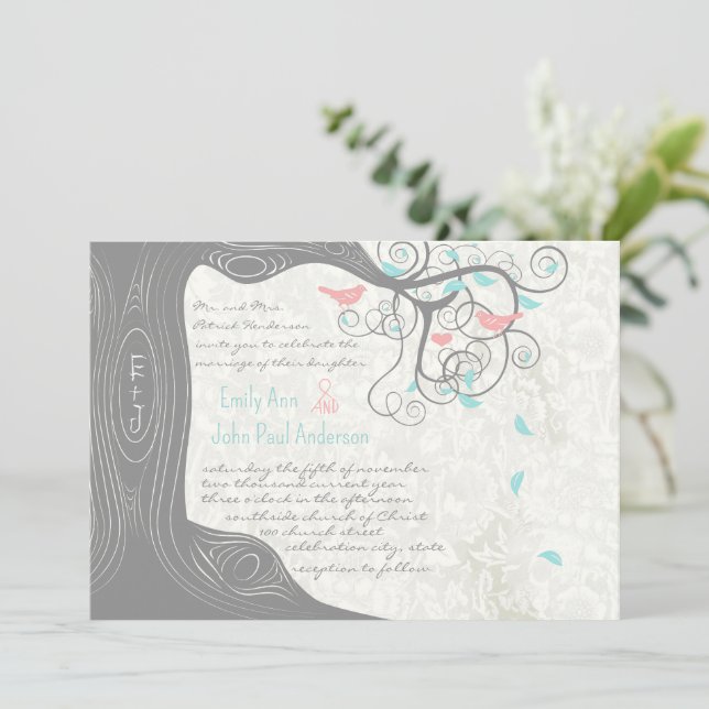 Grey Peachy Pink Minty Aqua Love Bird Wedding Invitation (Standing Front)