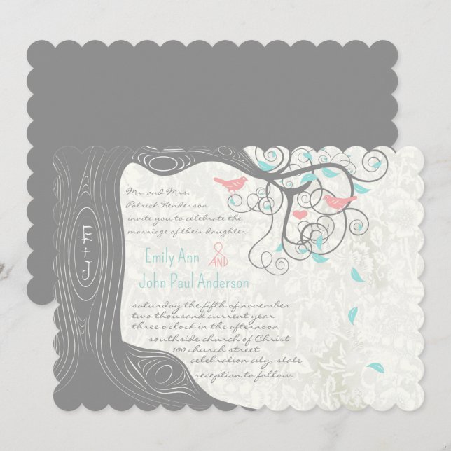 Grey Peachy Pink Minty Aqua Love Bird Wedding Invitation (Front/Back)