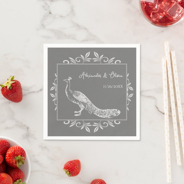 Grey Peacock Flourish Bridal Shower Napkins (Insitu)