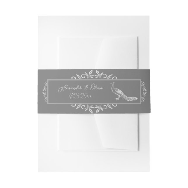 Grey Peacock Flourish Invitation Belly Band (Front Example)