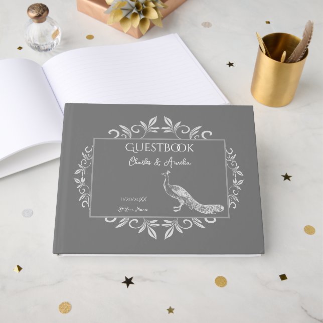 Grey Peacock Flourish Wedding Guest Book (Front Open)