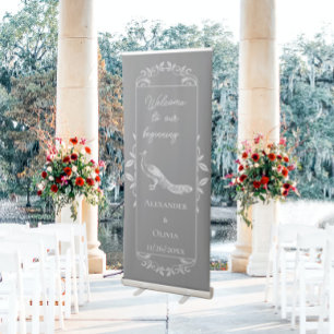 Grey Peacock Flourish Wedding Retractable Banner