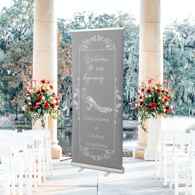 Grey Peacock Flourish Wedding Retractable Banner (Gray Peacock Flourish Wedding Welcome Banner)