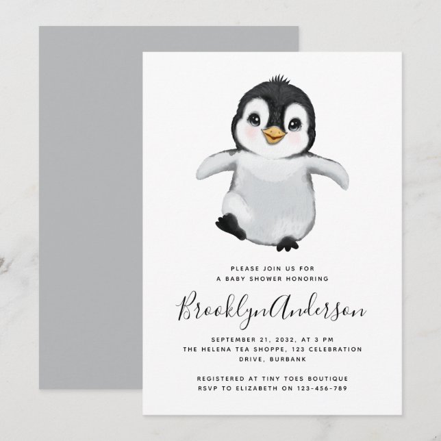 Grey Penguin Baby Shower Invitation (Front/Back)