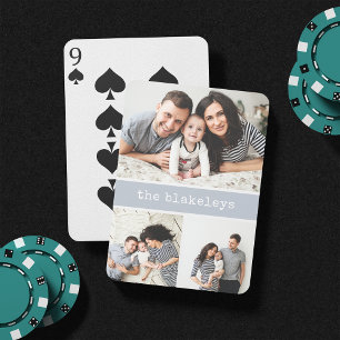 Grey Personalised Family Name 3 Photo Collage Playing Cards