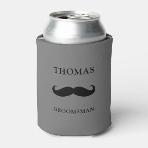 grey personalised name moustache Groomsman Can Cooler