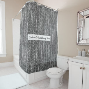 Grey Personalised Rustic Herringbone Pattern Shower Curtain