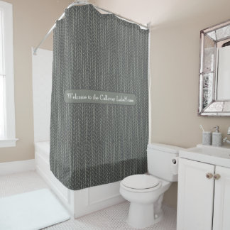 Grey Personalised Rustic Herringbone Pattern Shower Curtain