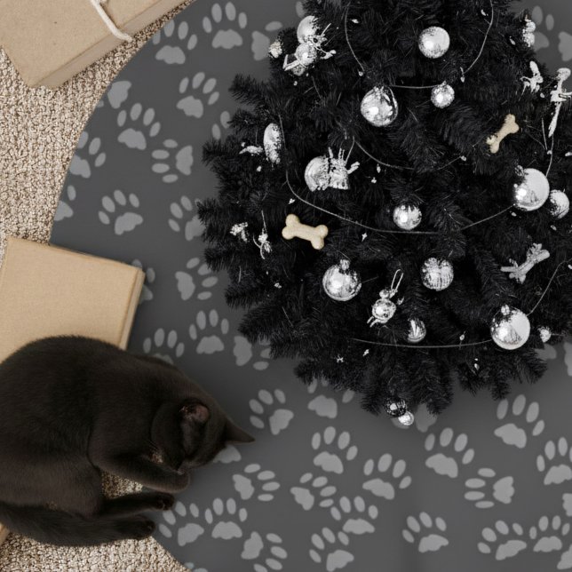Grey Pet Paw Print Pattern Christmas Tree Skirt (Creator Uploaded)