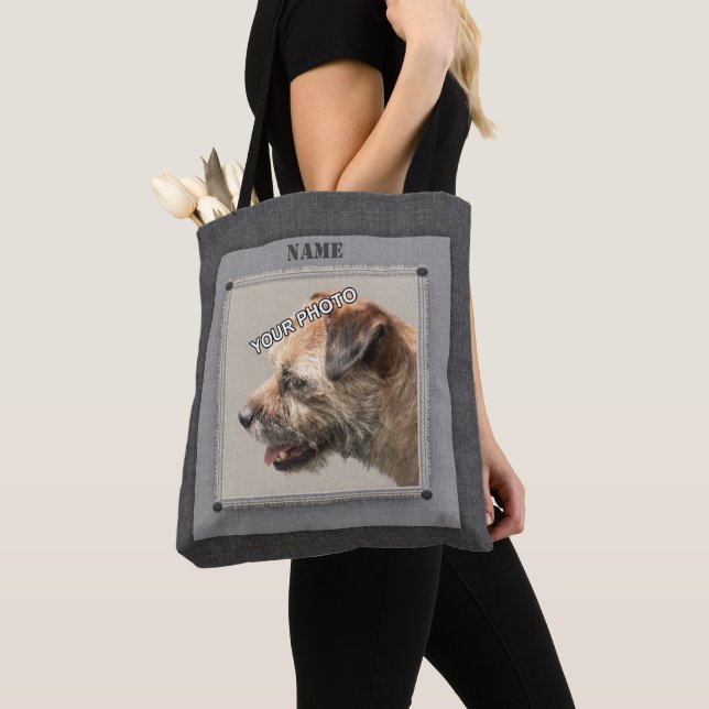 Grey Pet Portrait Photo Rustic decorative fringe Tote Bag (Close Up)