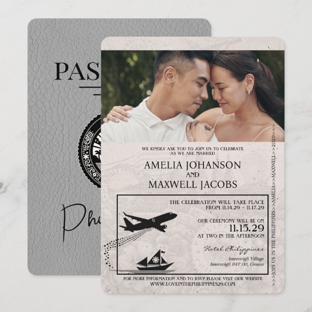 Grey Philippines Passport Wedding Invitation (Front/Back)
